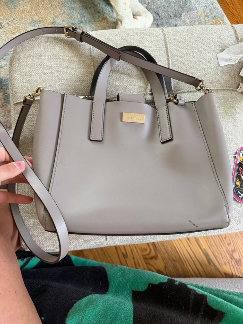 kate spade taupe-gray Leather Satchel with Gold Plaque and Removable Strap